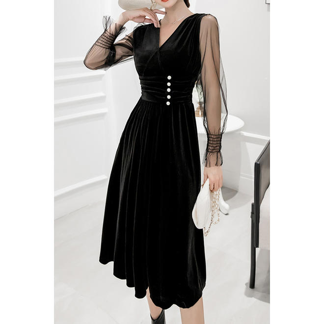 Women Thin Long Sleeve V-Neck Magnificent Solid Colored Smooth Mid Length Dress