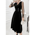 Women Thin Long Sleeve V-Neck Magnificent Solid Colored Smooth Mid Length Dress