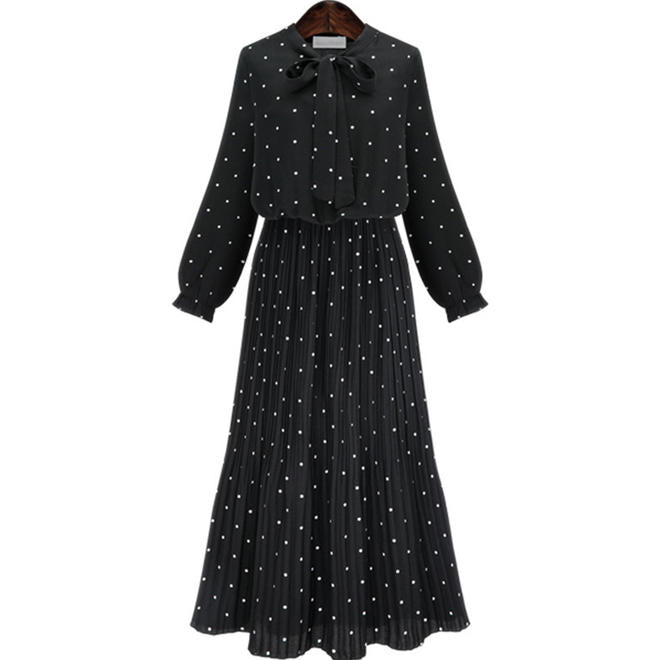 Women Tie Bow Dot Printed Long Sleeve Chiffon Dress