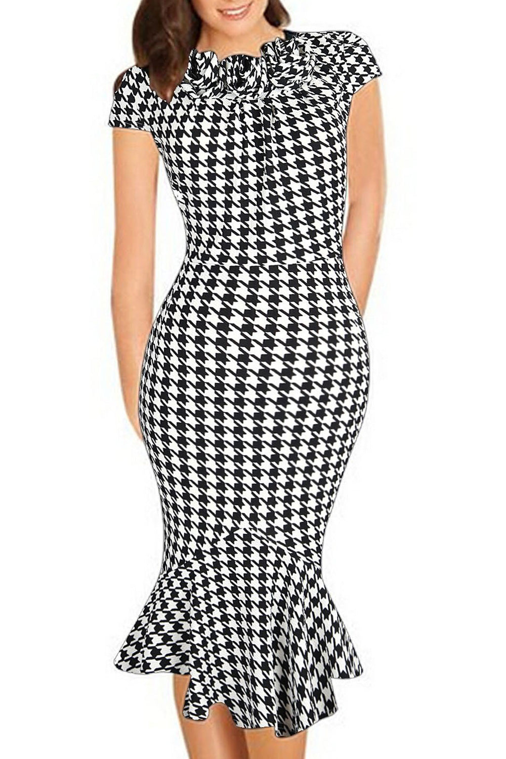 Women's Flower Decorated Neck Short Sleeves Dress