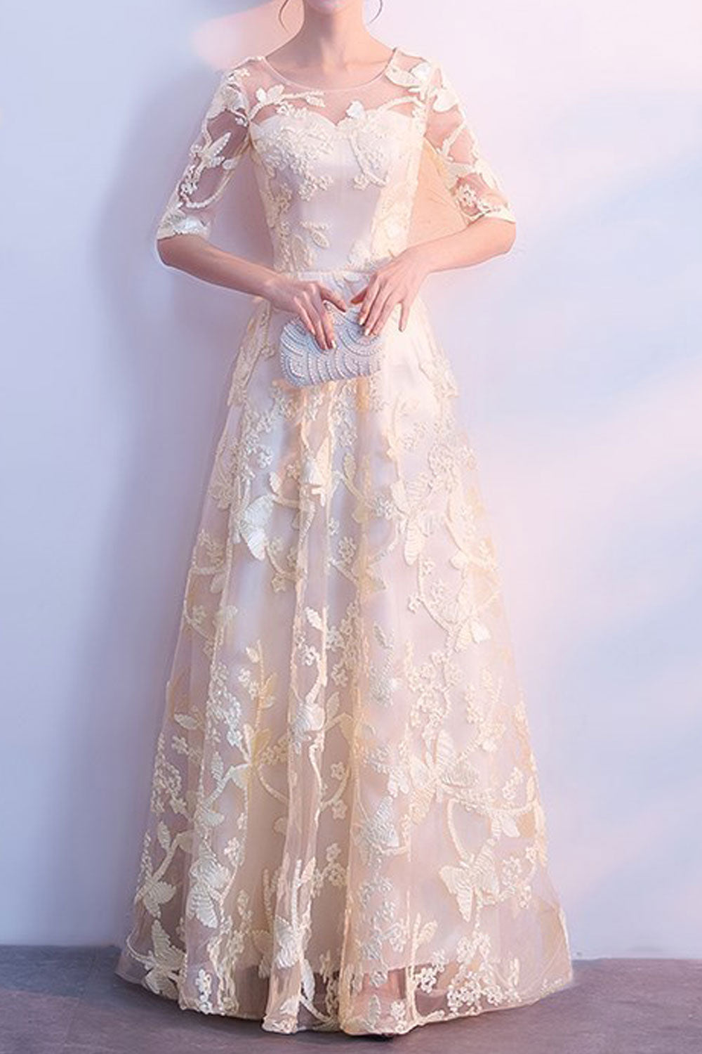 Women Half Sleeve Decorated Slim Long Maxi Party Dress