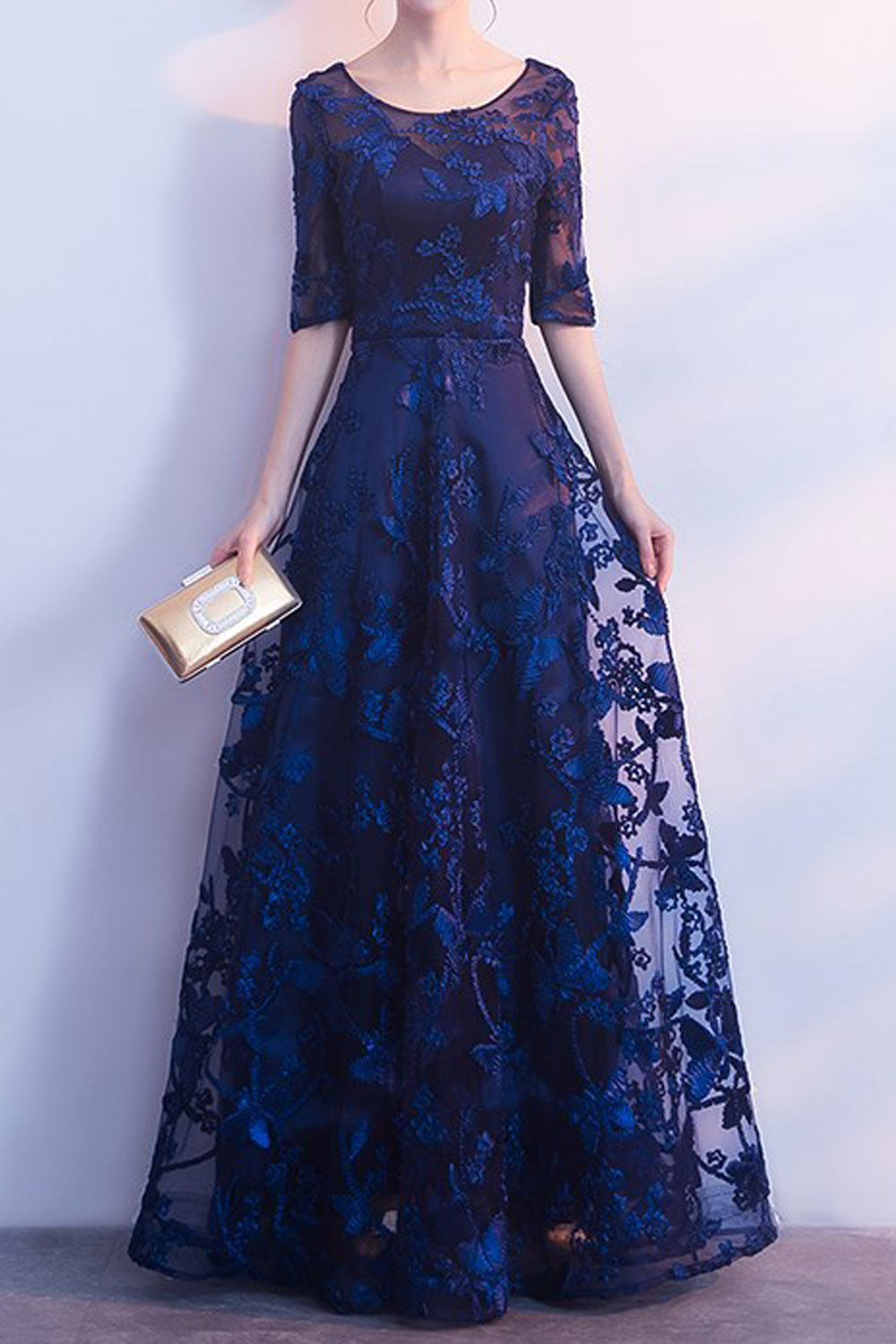 Women Half Sleeve Decorated Slim Long Maxi Party Dress