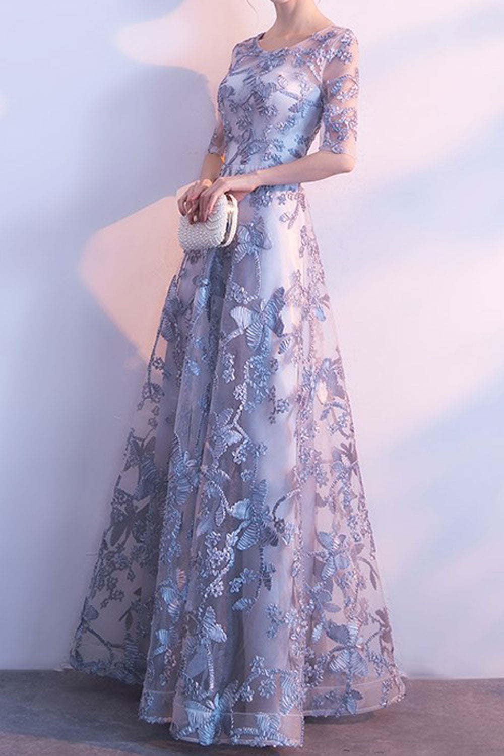 Women Half Sleeve Decorated Slim Long Maxi Party Dress