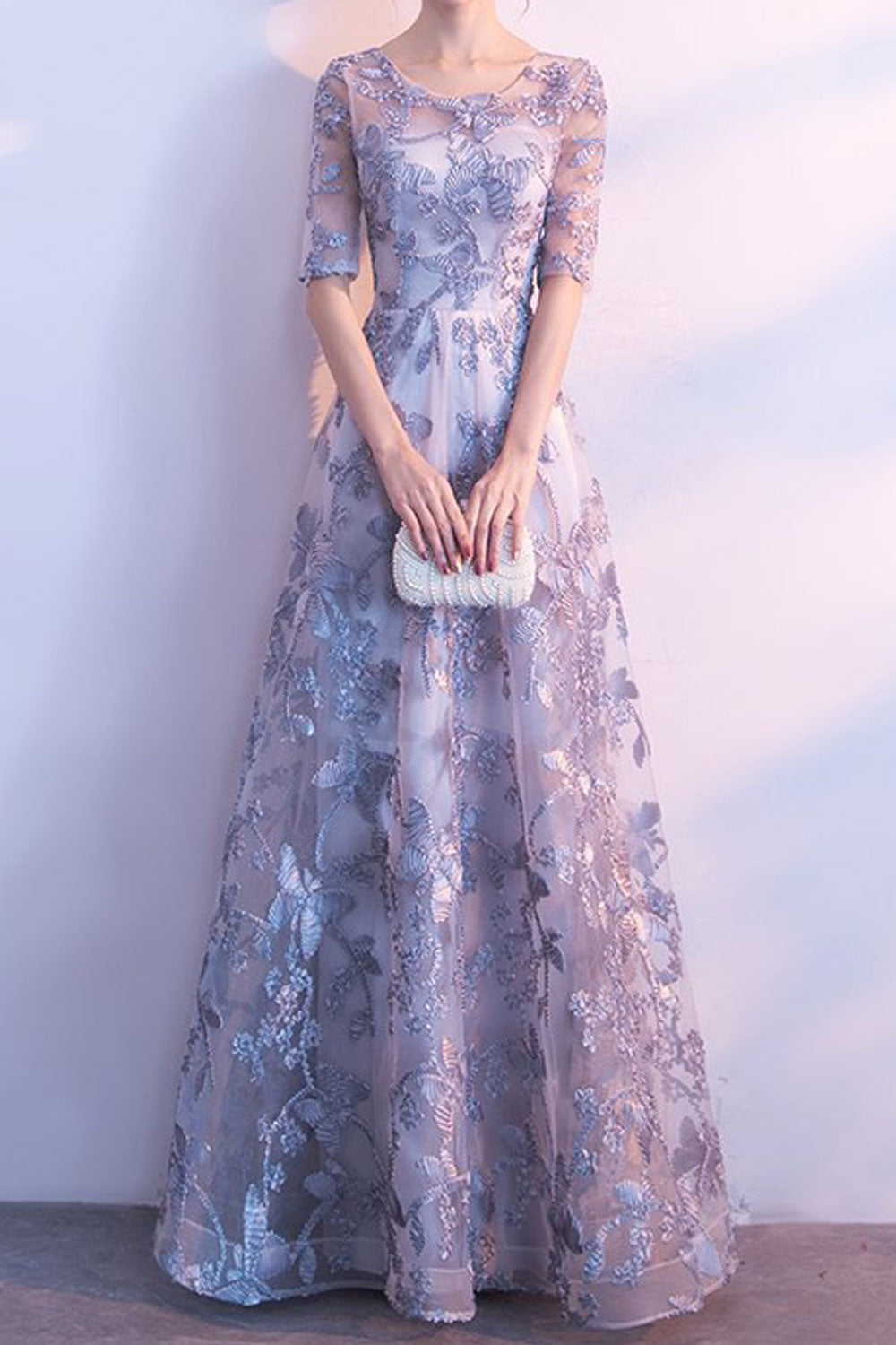 Women Half Sleeve Decorated Slim Long Maxi Party Dress