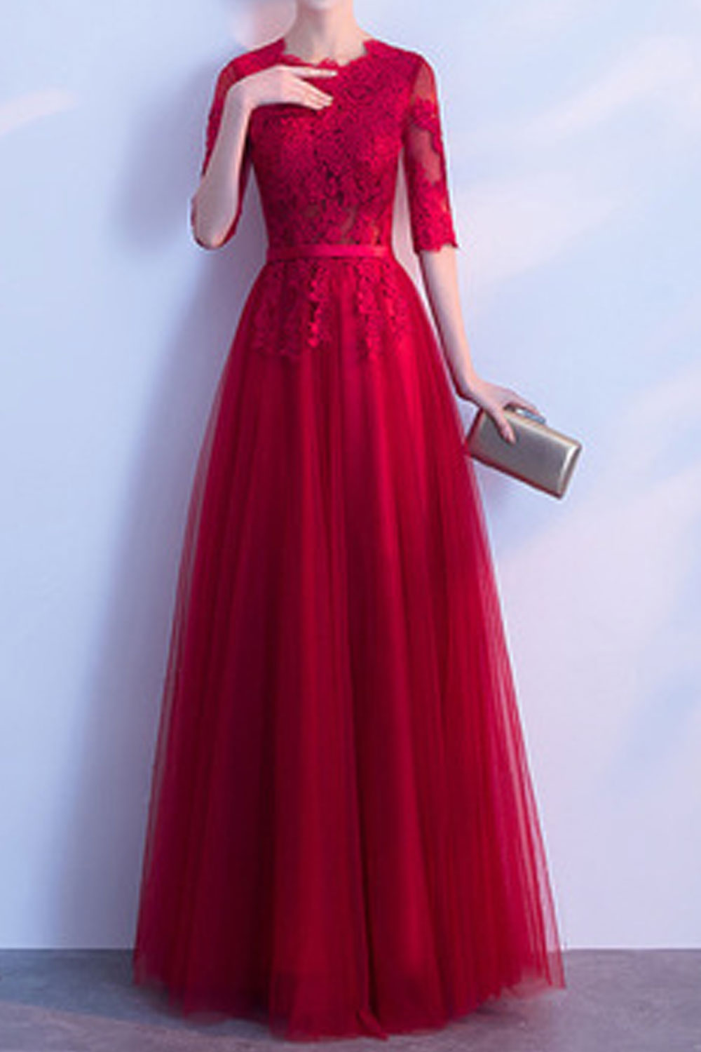 Women Lace Buts Short Sleeve Evening Party Dress