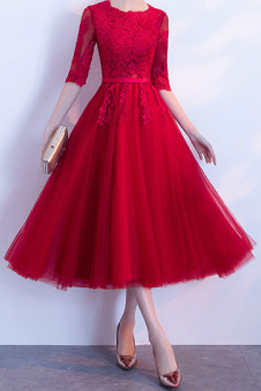 Women Lace Buts Short Sleeve Evening Party Dress