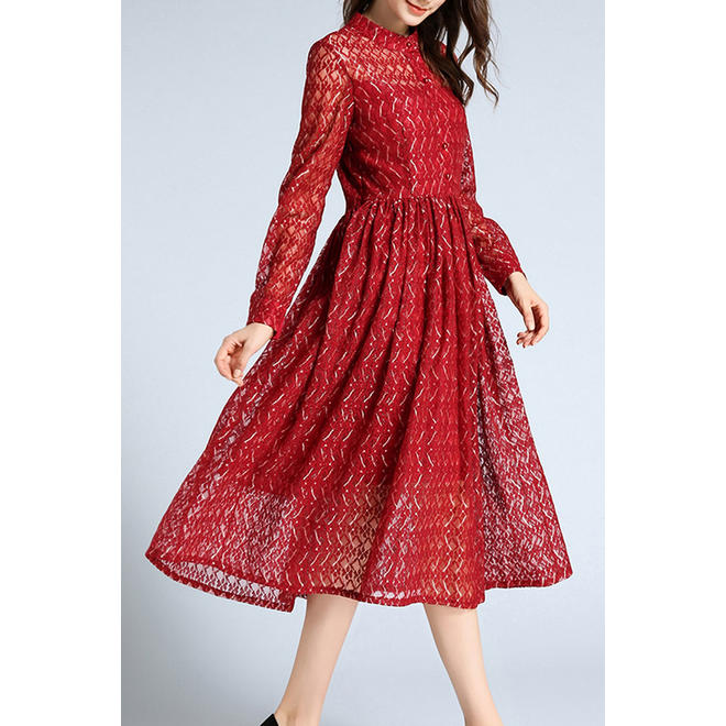 Women Collar Neck Sheer Lace Design Dress