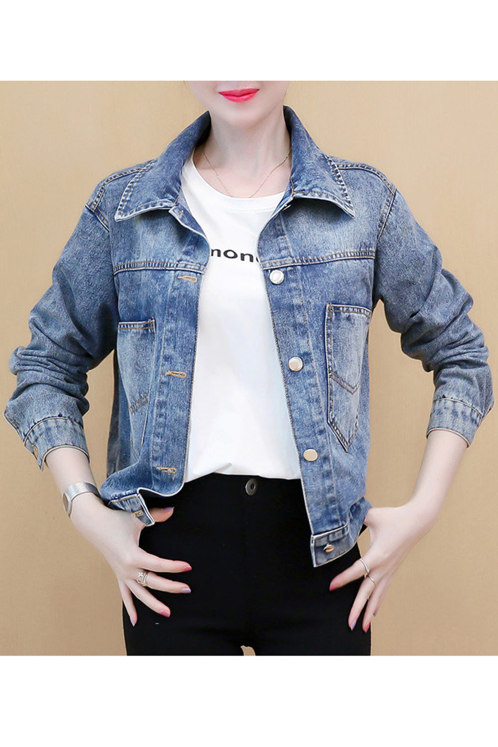 Women Modern Printed Pattern Breathable Loose Long Sleeve Collar Neck Elegant Denim Jacket