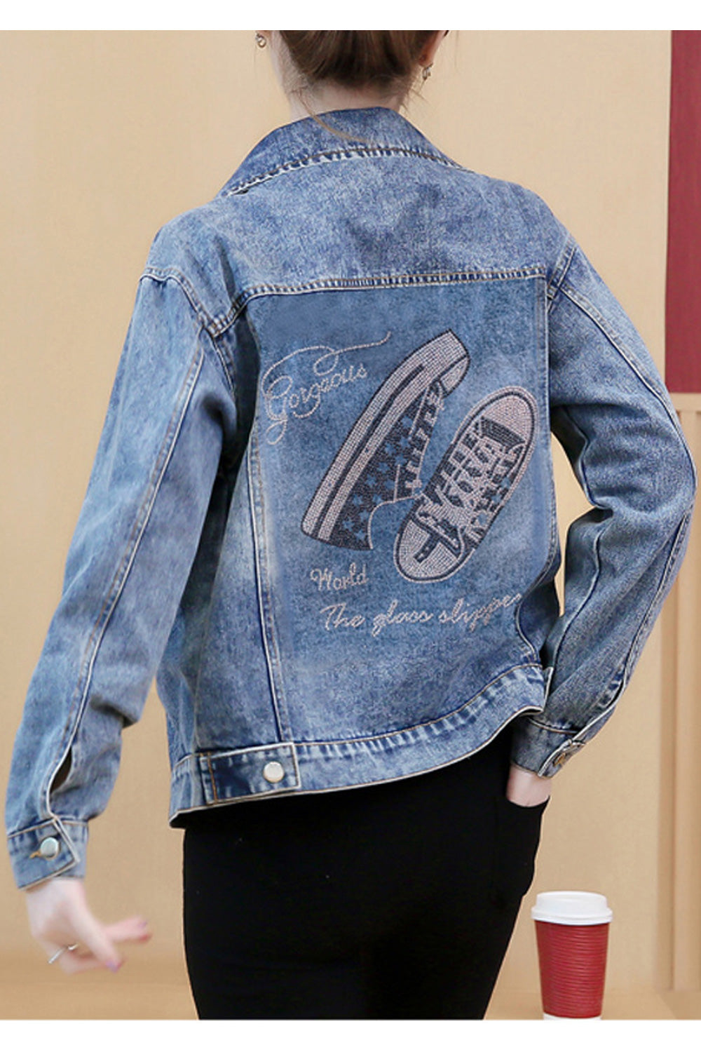 Women Modern Printed Pattern Breathable Loose Long Sleeve Collar Neck Elegant Denim Jacket