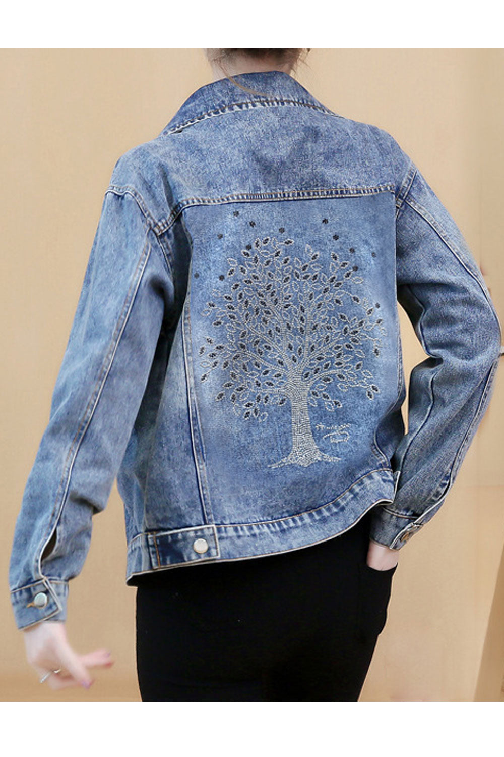 Women Modern Printed Pattern Breathable Loose Long Sleeve Collar Neck Elegant Denim Jacket