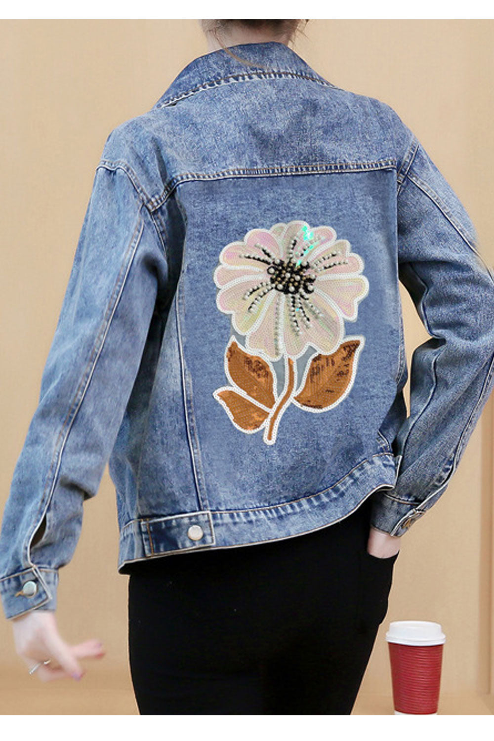 Women Modern Printed Pattern Breathable Loose Long Sleeve Collar Neck Elegant Denim Jacket