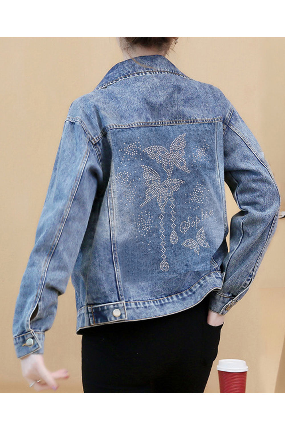 Women Modern Printed Pattern Breathable Loose Long Sleeve Collar Neck Elegant Denim Jacket