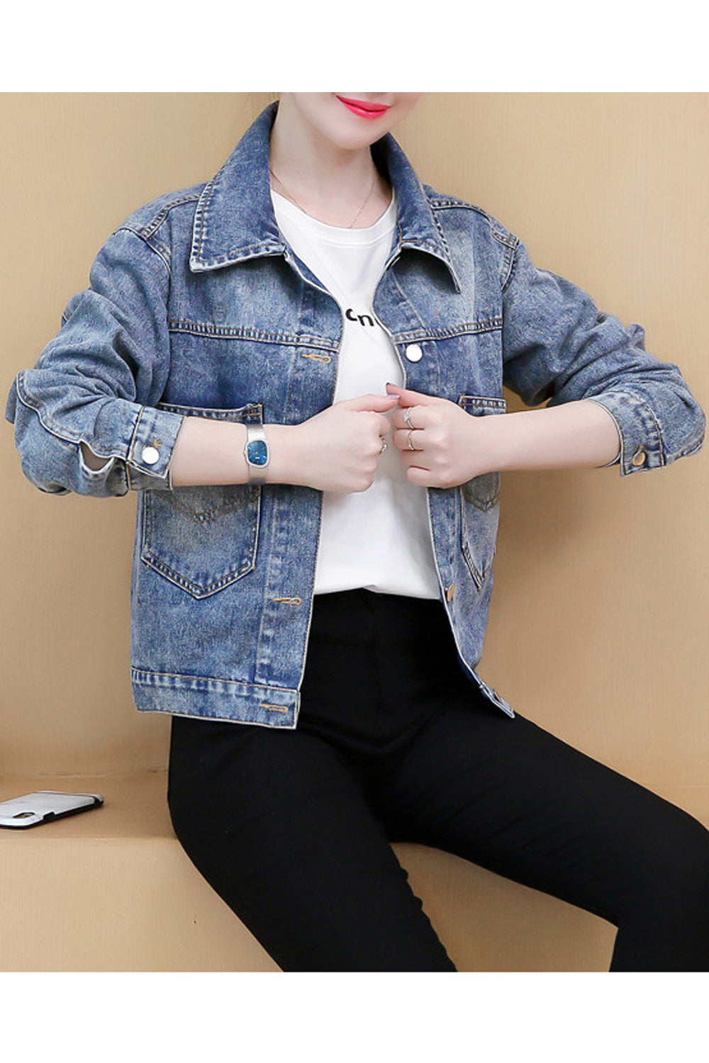 Women Modern Printed Pattern Breathable Loose Long Sleeve Collar Neck Elegant Denim Jacket