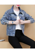 Women Modern Printed Pattern Breathable Loose Long Sleeve Collar Neck Elegant Denim Jacket