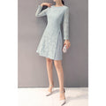 Women Long Sleeve Lace Decorated Short Dress