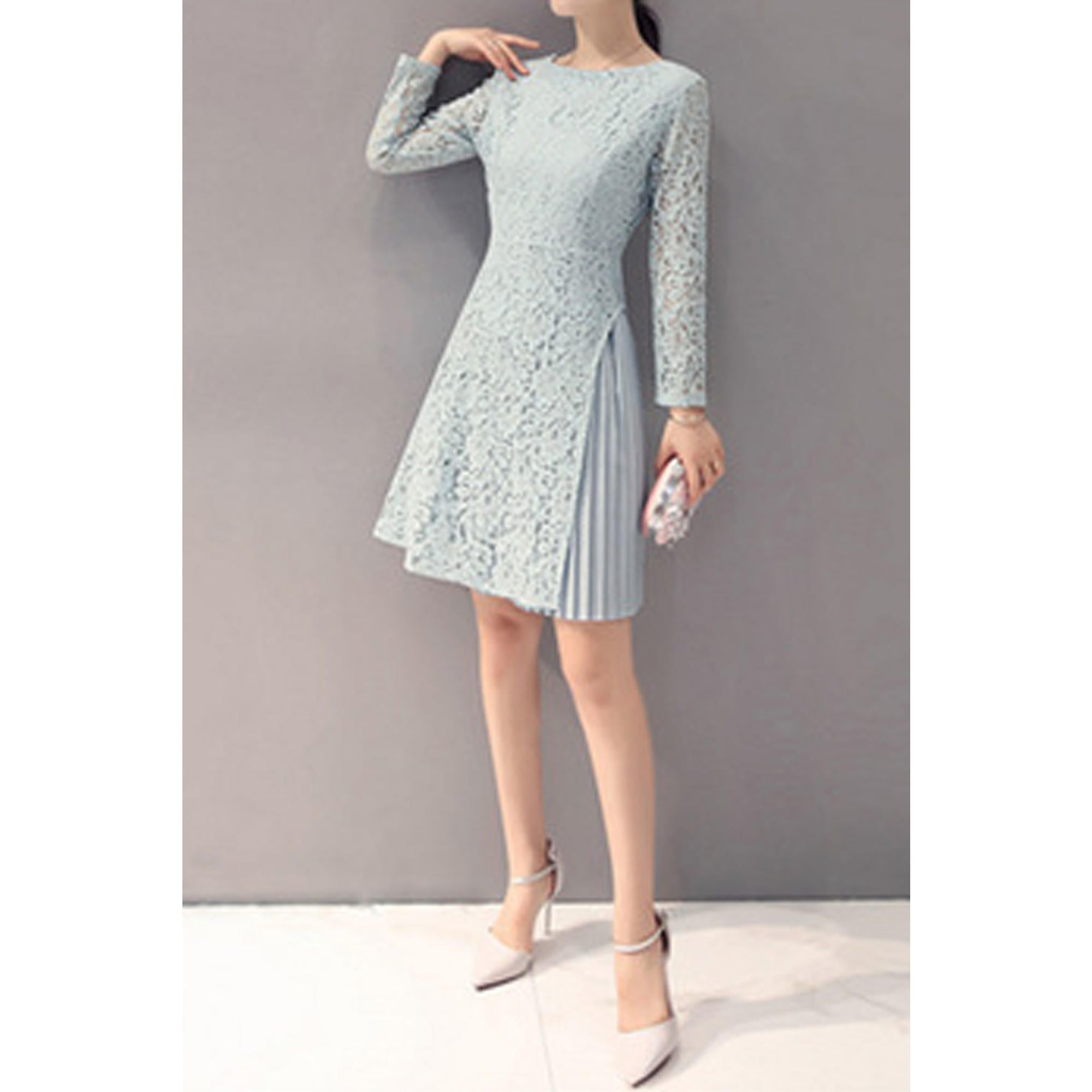 Women Long Sleeve Lace Decorated Short Dress
