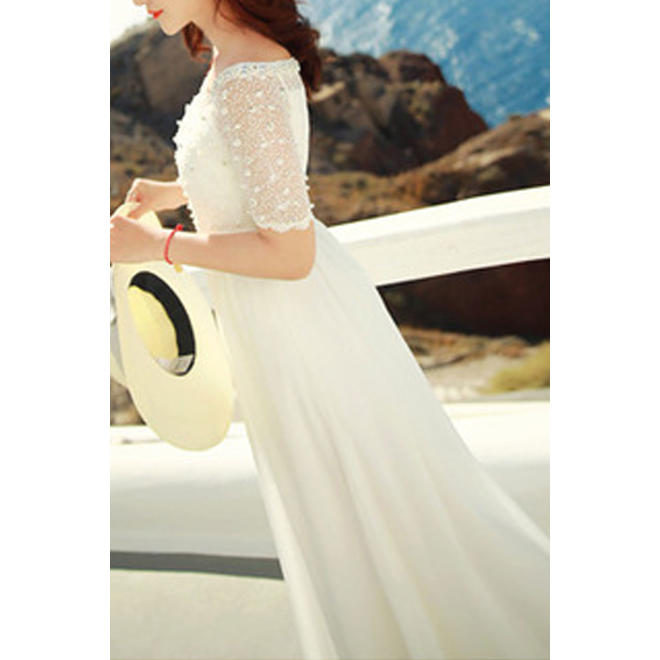 Women Short Sleeve Beaded Bust Chiffon Dress