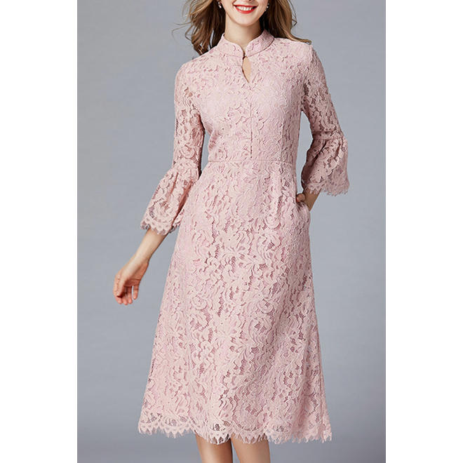 Women Collar Neck Loose Sleeves Long Lace Dress