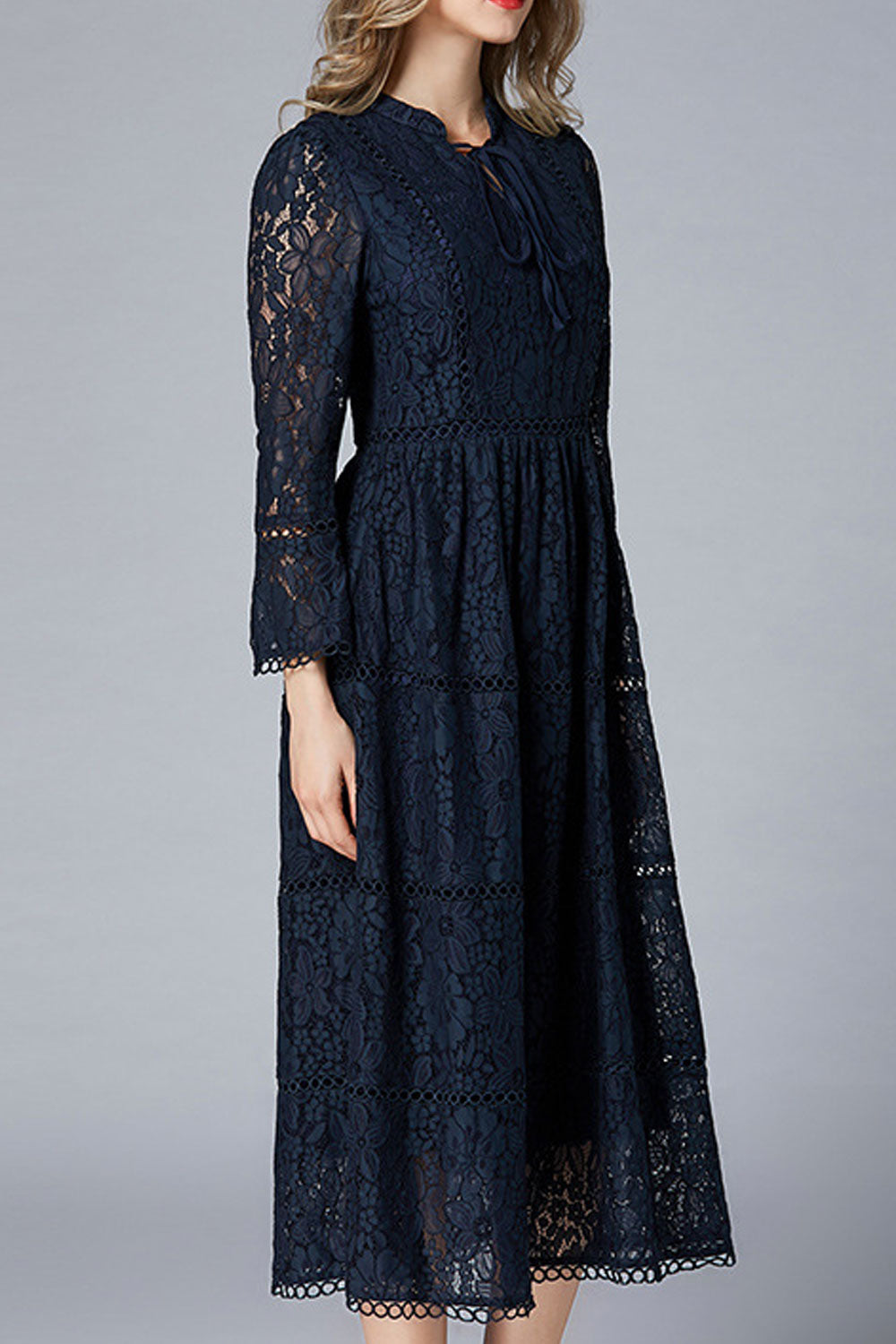 Women Fit Waist Lace Slim Sleeves Long Dress