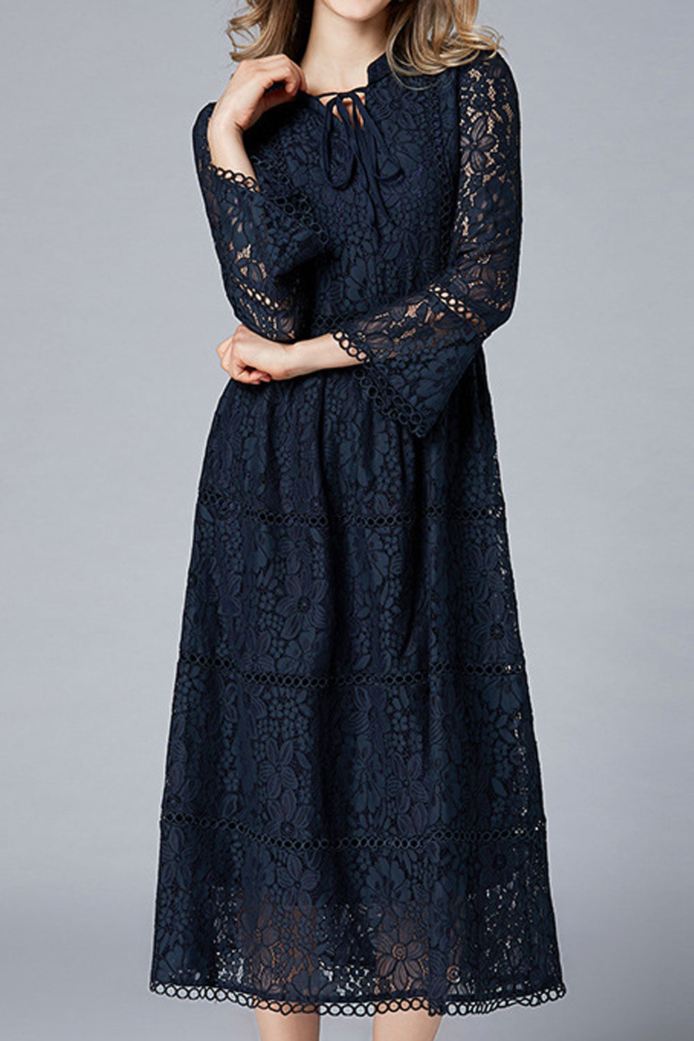 Women Fit Waist Lace Slim Sleeves Long Dress