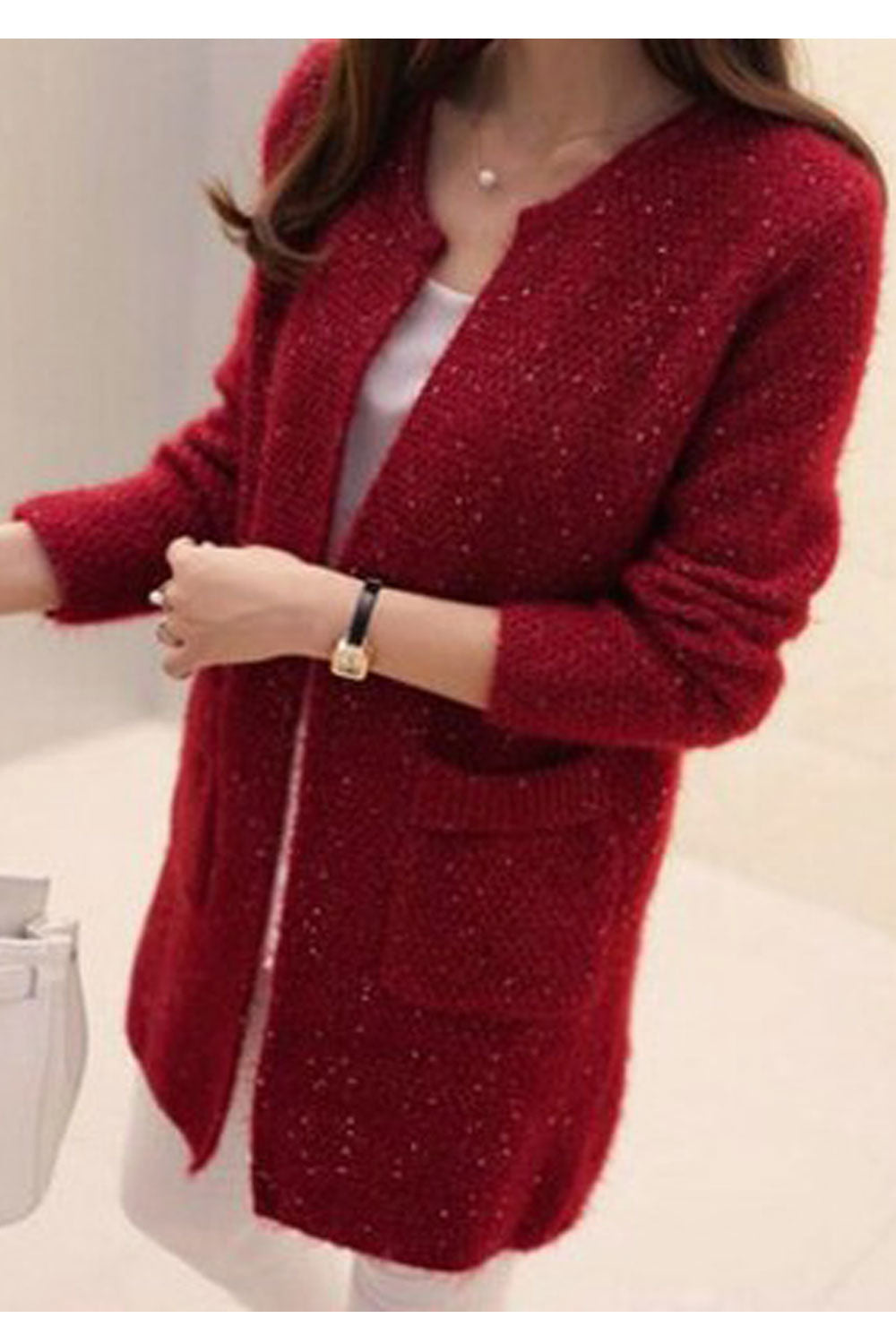 Women Winter Fashionable Front Open Style Round Neck Simple pockets Warm & Thick Cardigan