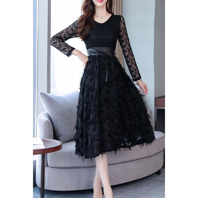 Women Slim Waist Long Sleeve Tremendous Solid Colored Deep V-Neck Front Open Mid Length Party Dress