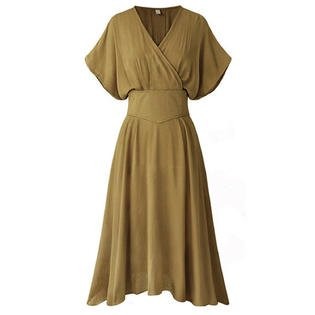 Women V-Neck Slim Waist Pleated Dress