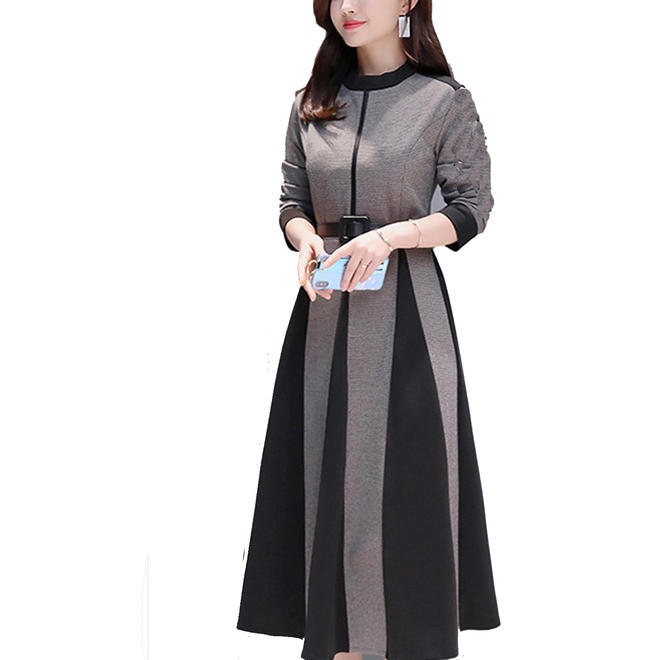Women High Neck Long Skirt Flare Dress