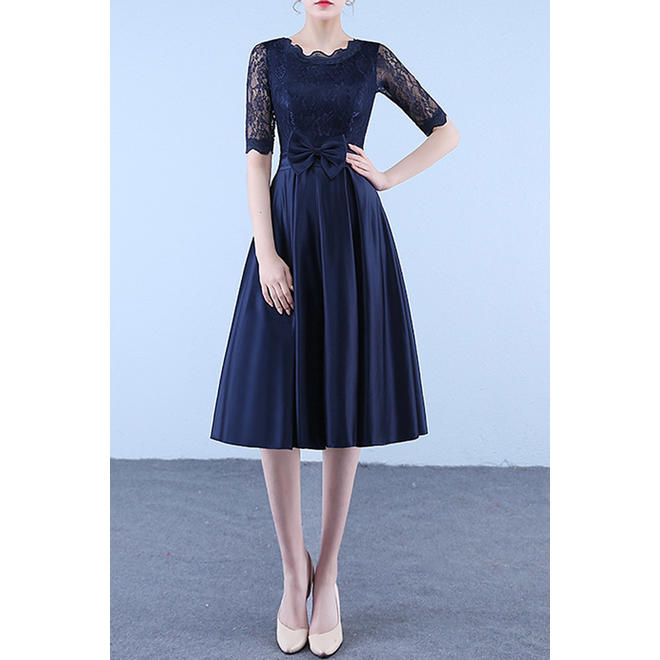 Women Round Neck Silk Bow Evening Dress
