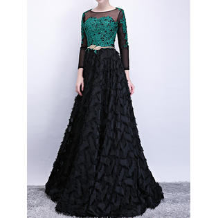 Women Elegant Boat Neck Long Sleeved Evening Dress