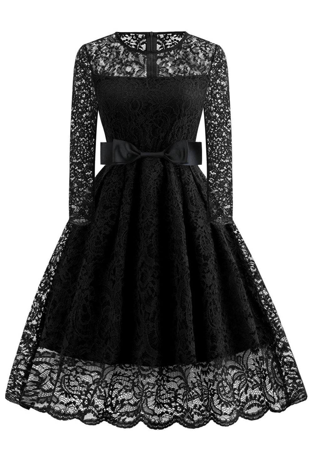 Women Round Neck Bow Waist Lace Dress