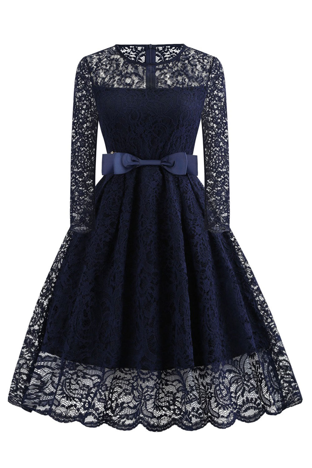 Women Round Neck Bow Waist Lace Dress
