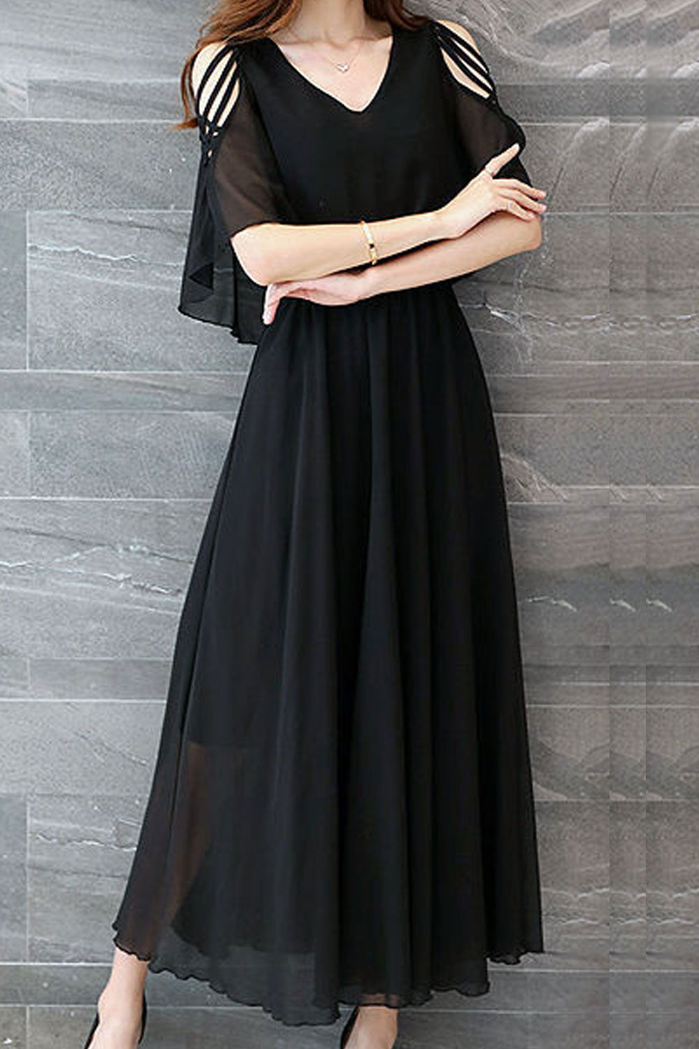 Women V-Neck Shawl Style Pleated Dress