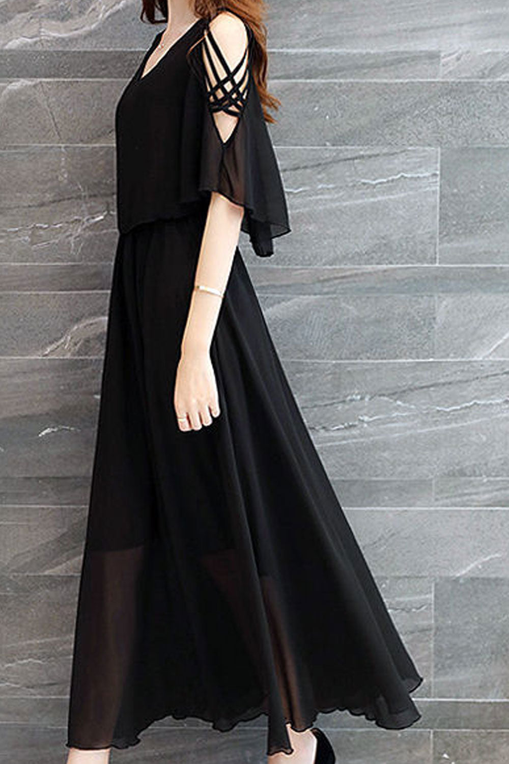 Women V-Neck Shawl Style Pleated Dress