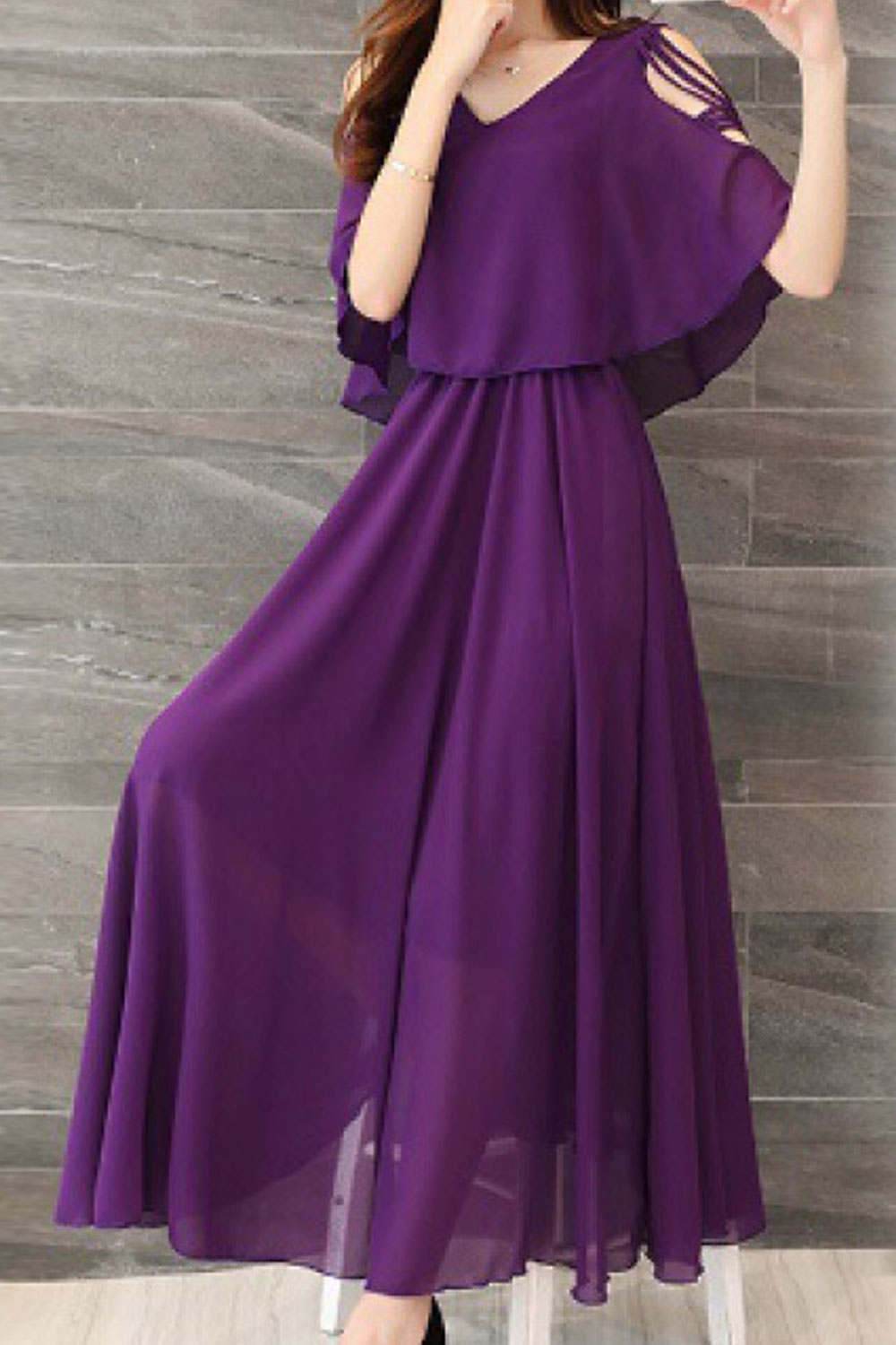 Women V-Neck Shawl Style Pleated Dress
