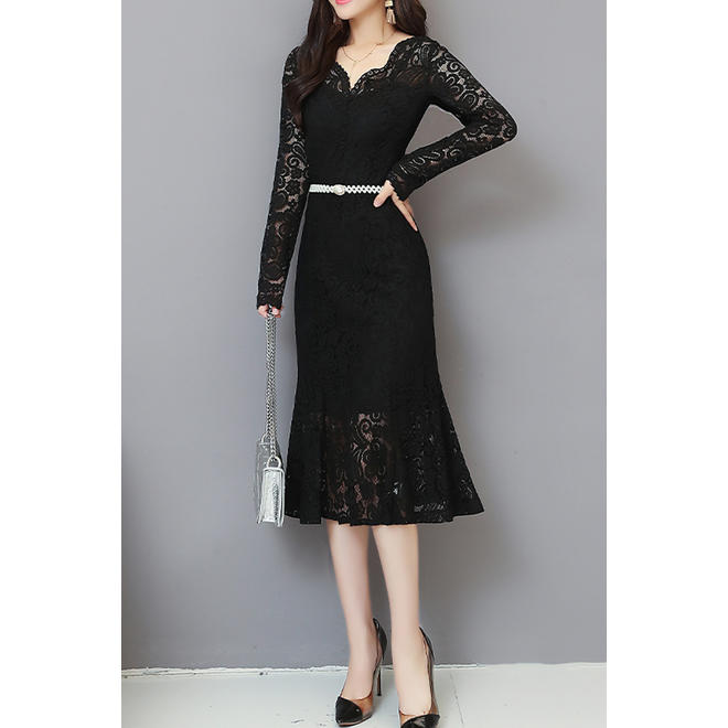 Women V-Neck Long Sleeve Elegant Lace Dress