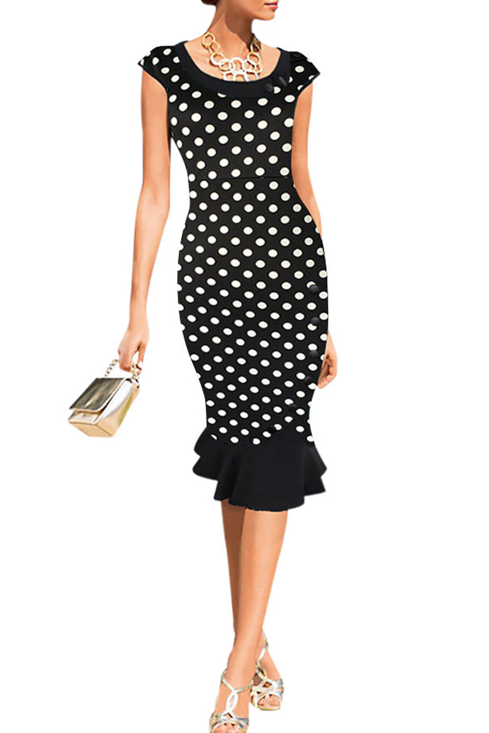 Unomatch WOMEN CUP SLEEVES PLAID PATTERN PENCIL DRESS BLACK