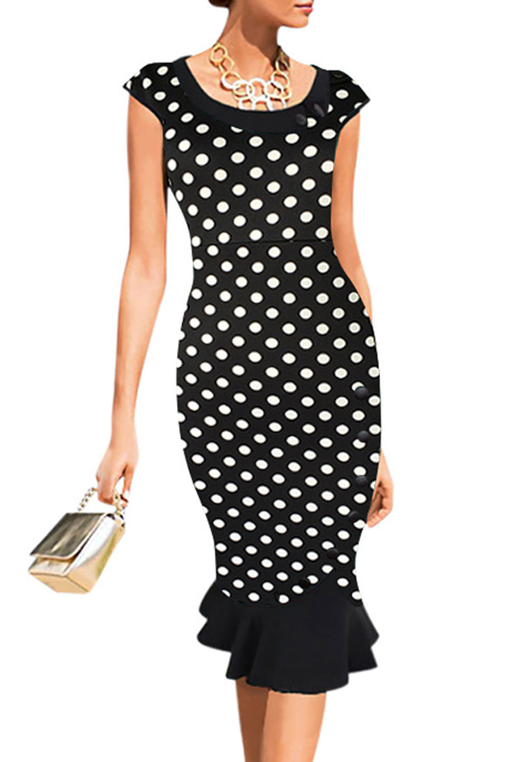 Unomatch WOMEN CUP SLEEVES PLAID PATTERN PENCIL DRESS BLACK