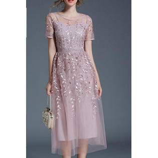 Women Embroided Lace Short Sleeve Party Dress