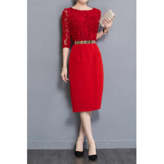 Women Boat Neck 3/4 Sleeve Slim Party Dress