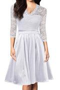 Women Charming Lace Patterned Illussion Styled V- Neck Mid- Length Sleeves Silky A-Line Dress
