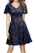 Women Loose Shoulders Back Zipper Lace Short Dress
