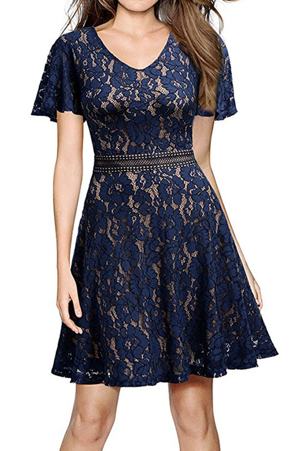 Women Loose Shoulders Back Zipper Lace Short Dress
