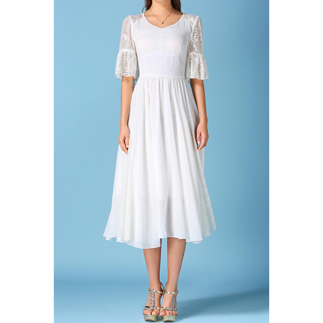 Women Lace Shoulder Ruffle Loose Sleeves Dress
