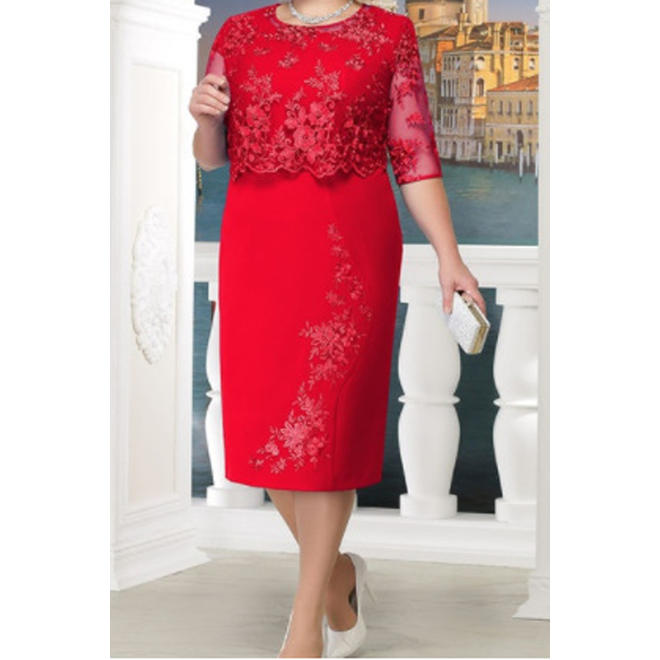 Women Lace Top Sheer Sleeves Bodycon Knee Length Dress