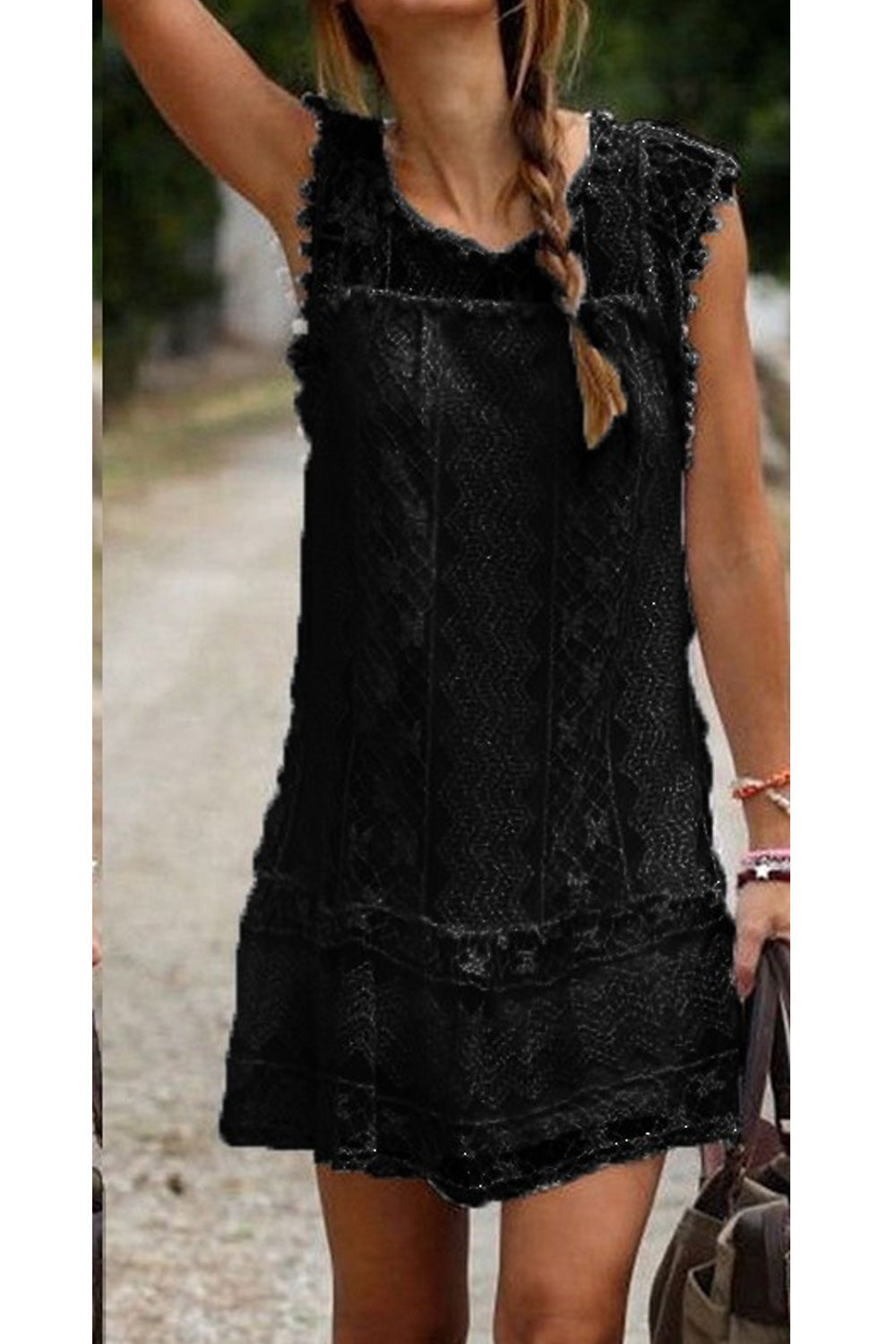 Women Loose Fit Ball Lace Decoration Shift Dress