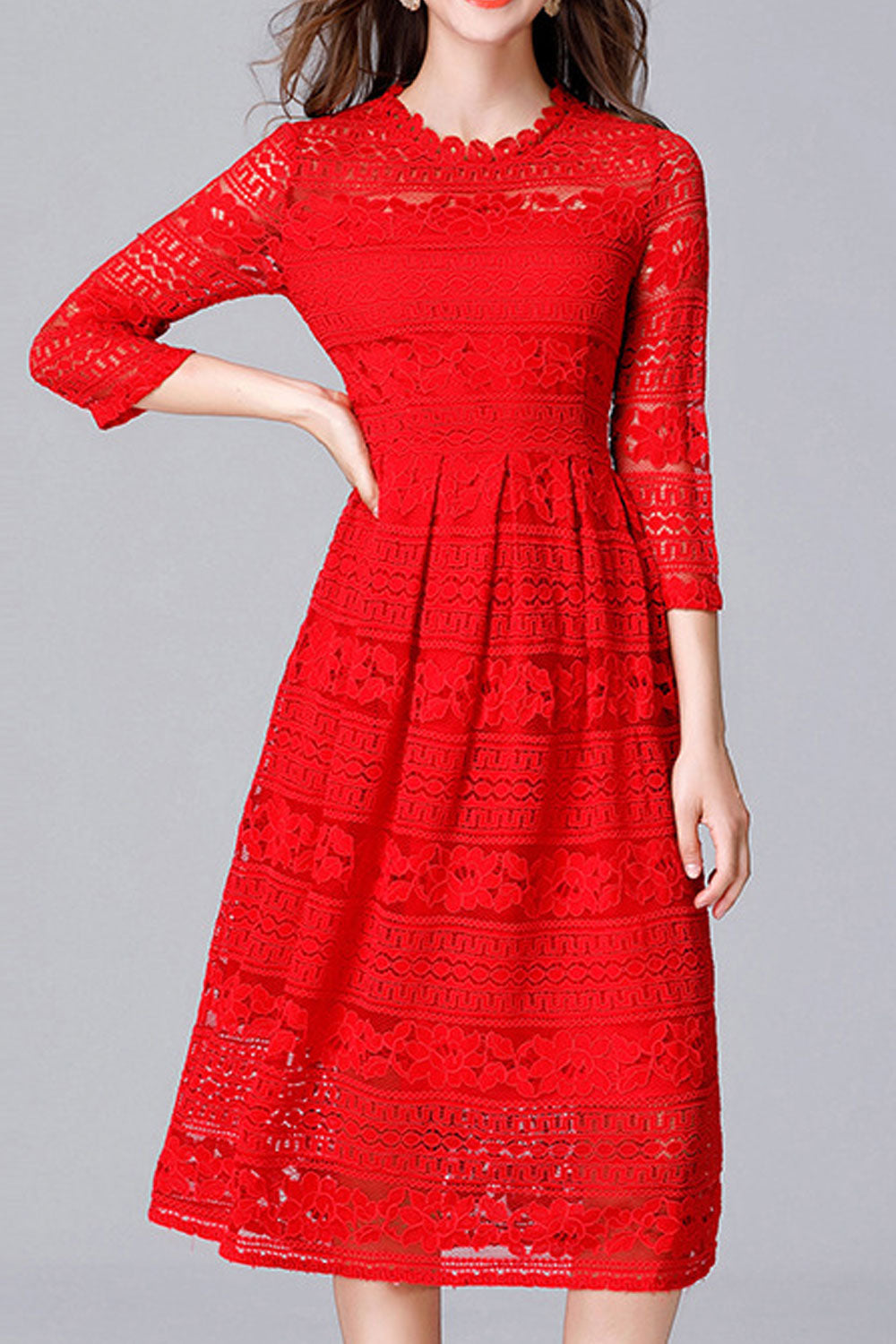 Women Embroidered Lace 3/4 Sleeve Dress