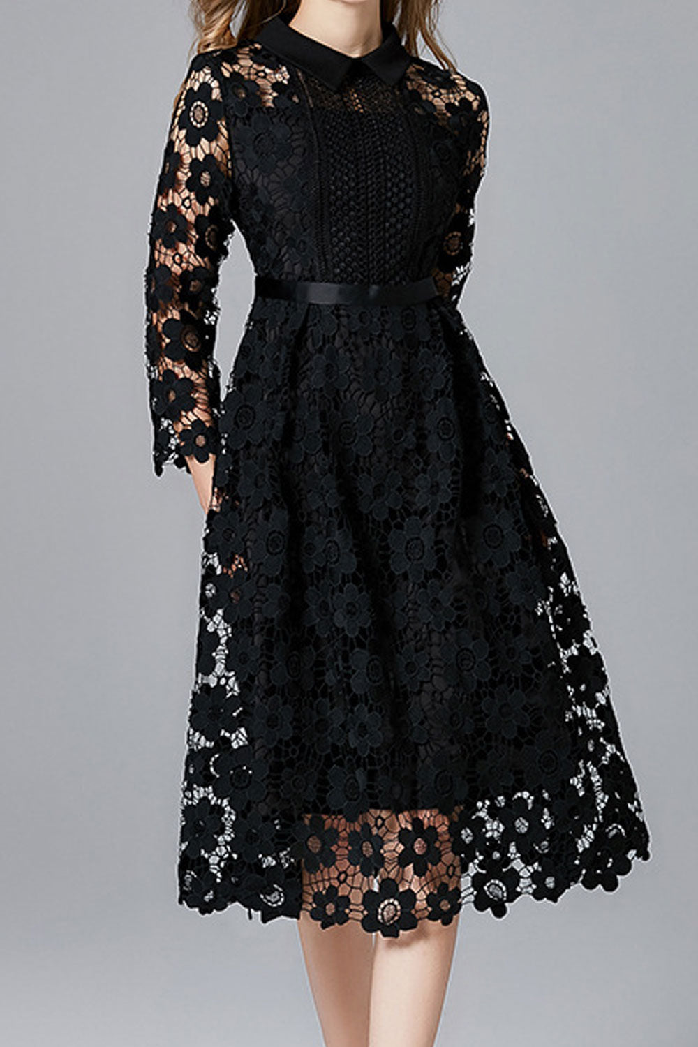 Women Pretty Lace Pattern Mid-Length Superb Solid Color Long Sleeve Collar Neck Comfortable Party Dress