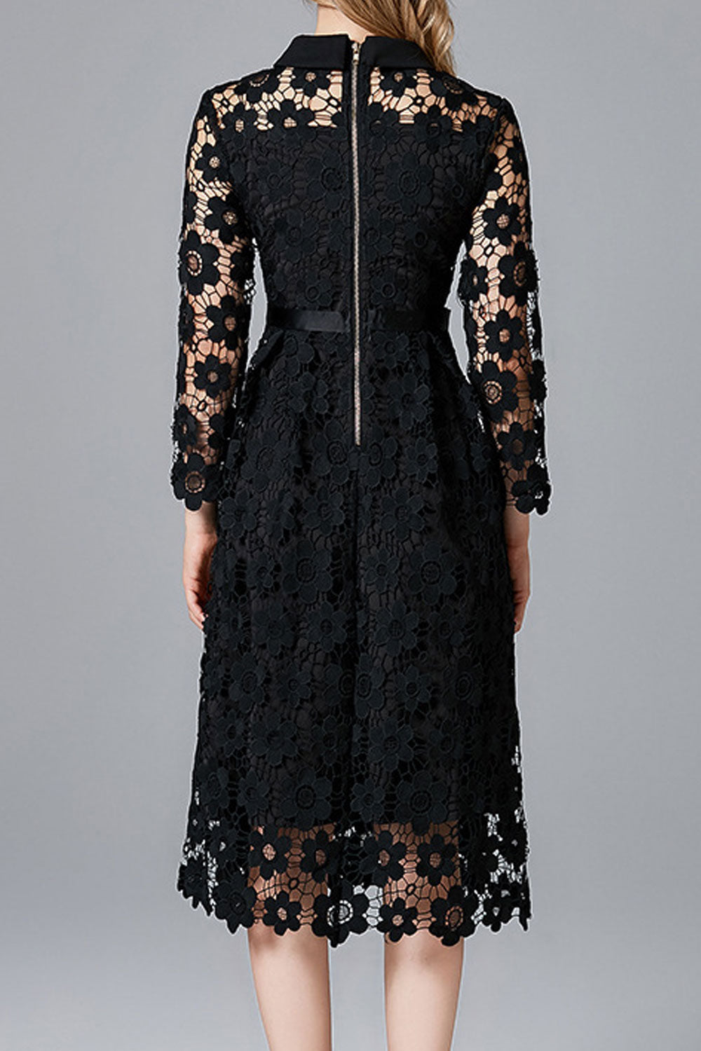 Women Pretty Lace Pattern Mid-Length Superb Solid Color Long Sleeve Collar Neck Comfortable Party Dress
