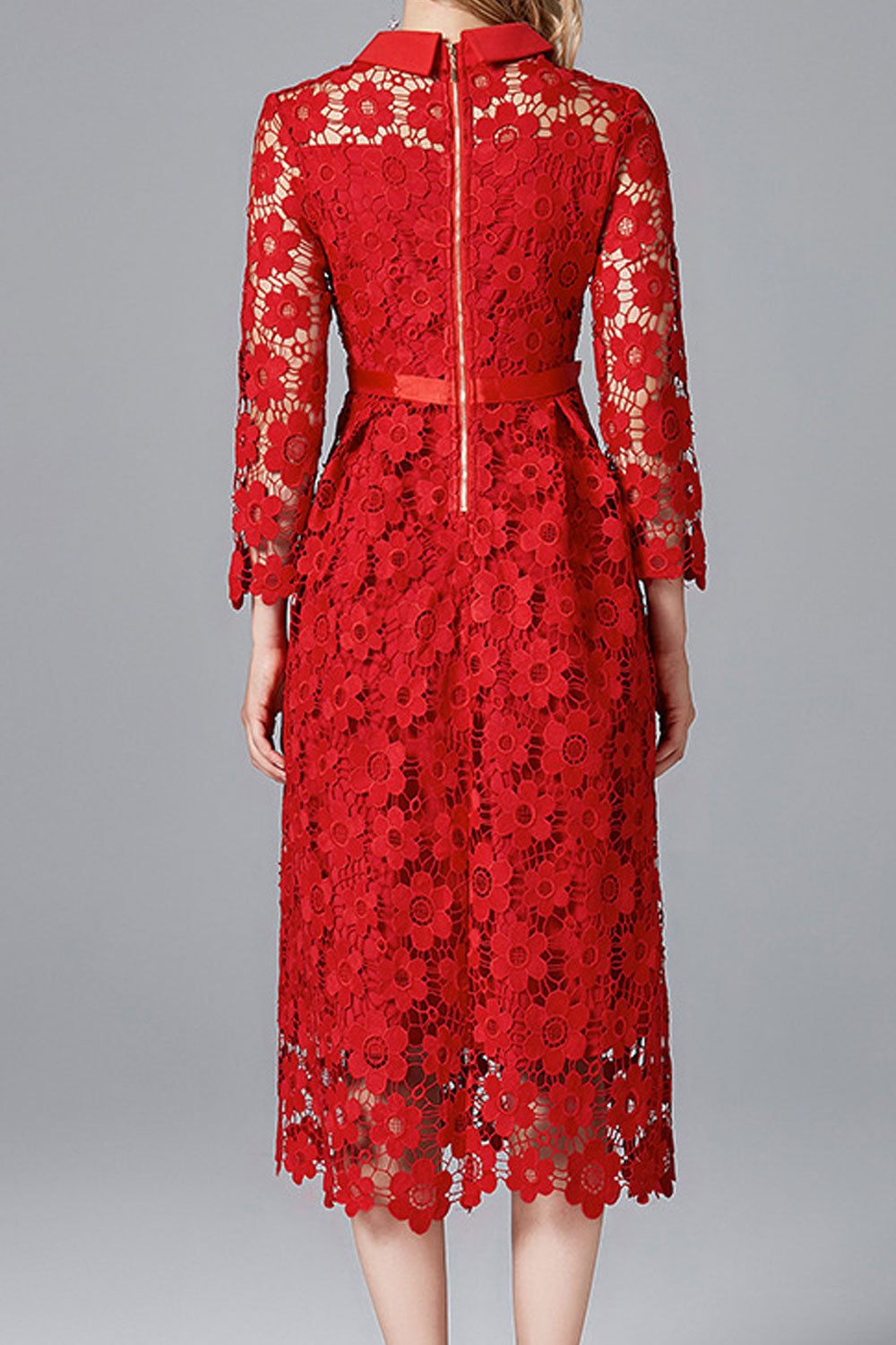 Women Pretty Lace Pattern Mid-Length Superb Solid Color Long Sleeve Collar Neck Comfortable Party Dress
